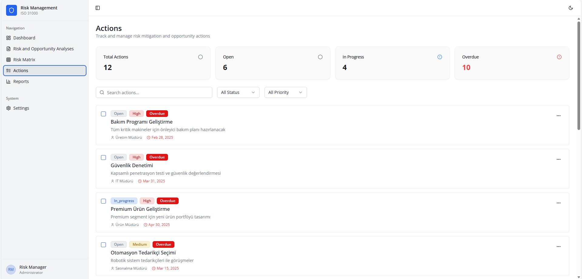 Action Management Interface